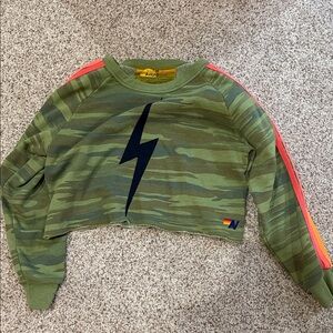Aviator Nation Camo Cropped Sweatshirt with Black Lightning Bolt
